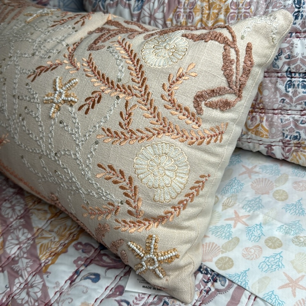 NEW Large Coastal Hand Embroidered w beads & Sequins Lumbar Pillow Beach Boho - Picture 14 of 17